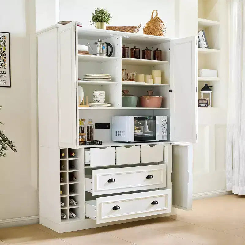 Whisen 71'' Tall Freestanding Kitchen Pantry, Large Dining Storage Cabinet Cupboard Sideboards With 4 Foldable Doors, Shelves, Wine Racks – Image 19