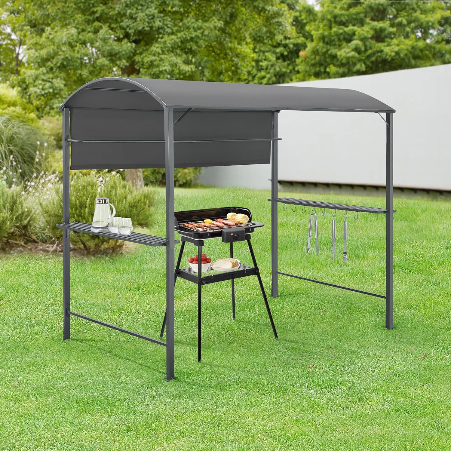 Tonnelle de Barbecue Auvent de Réception pour Jardin Tente avec Comptoir et Crochets Belvédère Robuste Extérieur Acier Laqué Polyester 215 x 220 x 140 cm Anthracite Gris Foncé – Image 4