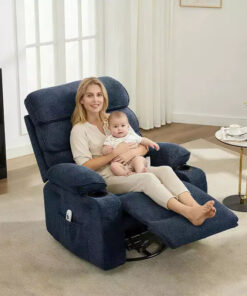 Massage Rocker Recliner with Heating, 360 Swivel Glider Recliner Chairs for Adults, Linen Nursery Chair with Side Pocket, Two Cup Holders