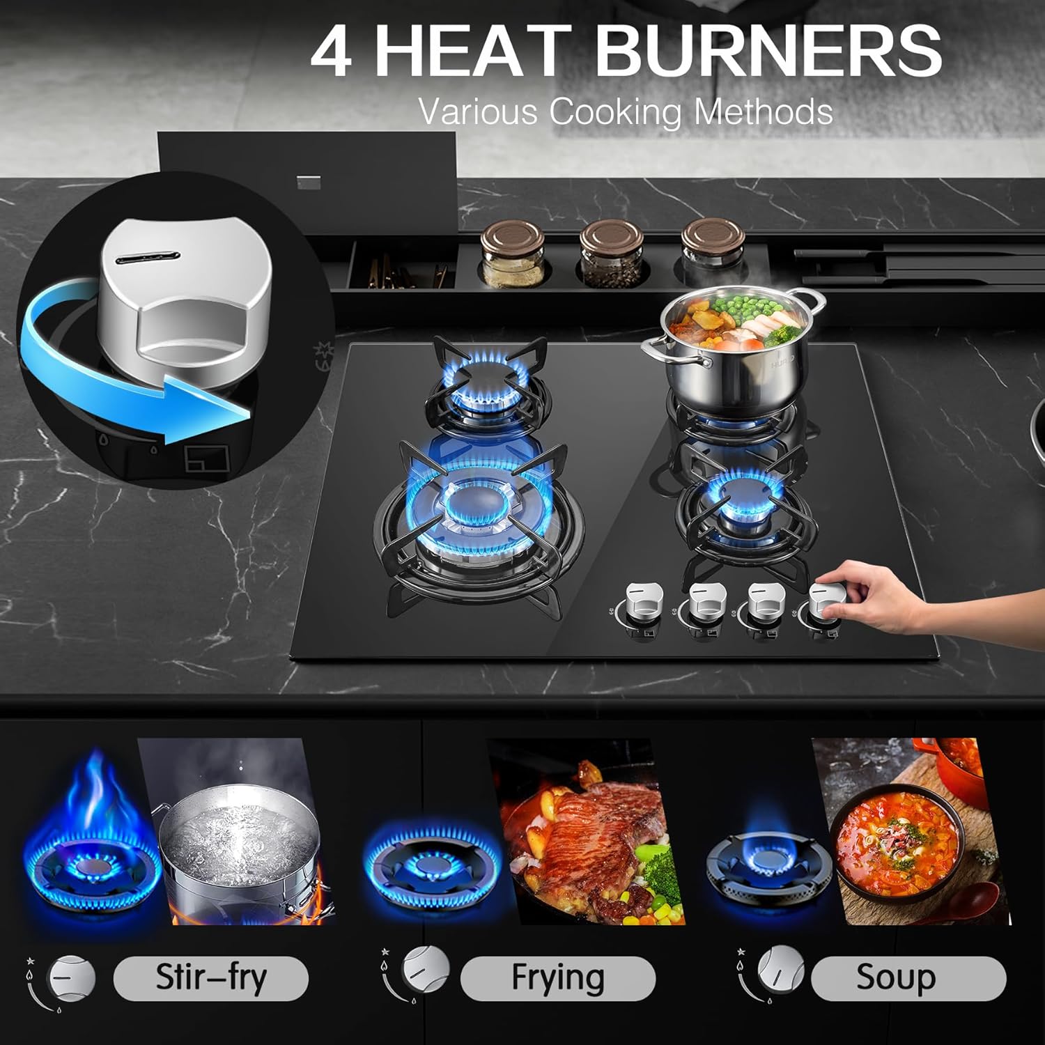 TopStrong Plaque de cuisson à gaz 4 brûleurs, 60 cm en verre noir, avec brûleur wok 8060 W et protection thermocouple, compatible gaz naturel et GPL – Image 3