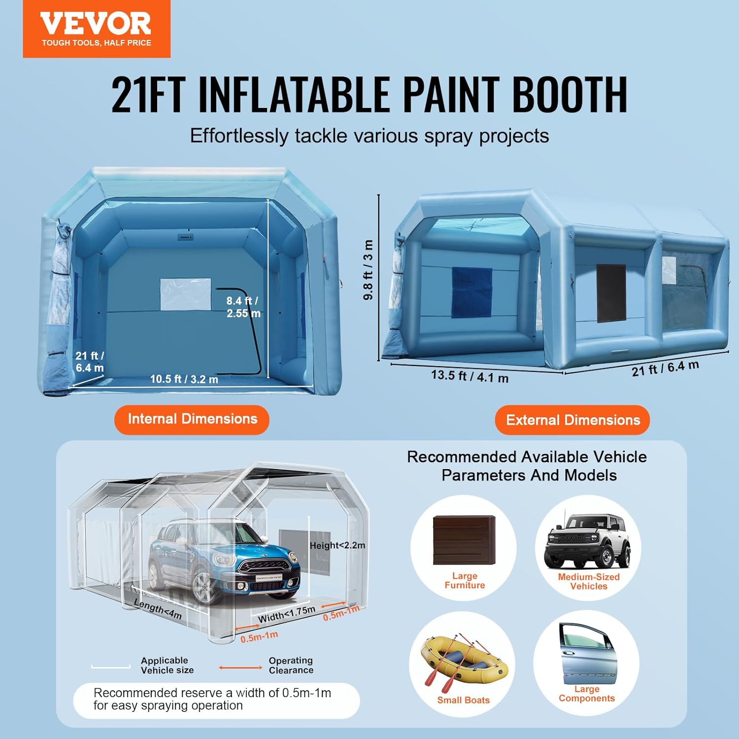 VEVOR Cabine de Peinture Gonflable 6,4x4,1x3 m, Tente Peinture Gonflable Automobile avec Souffleur Puissant de 1100 W et Système de Filtration, Station de Travail pour Pose de Peinture Atelier Garage – Image 2