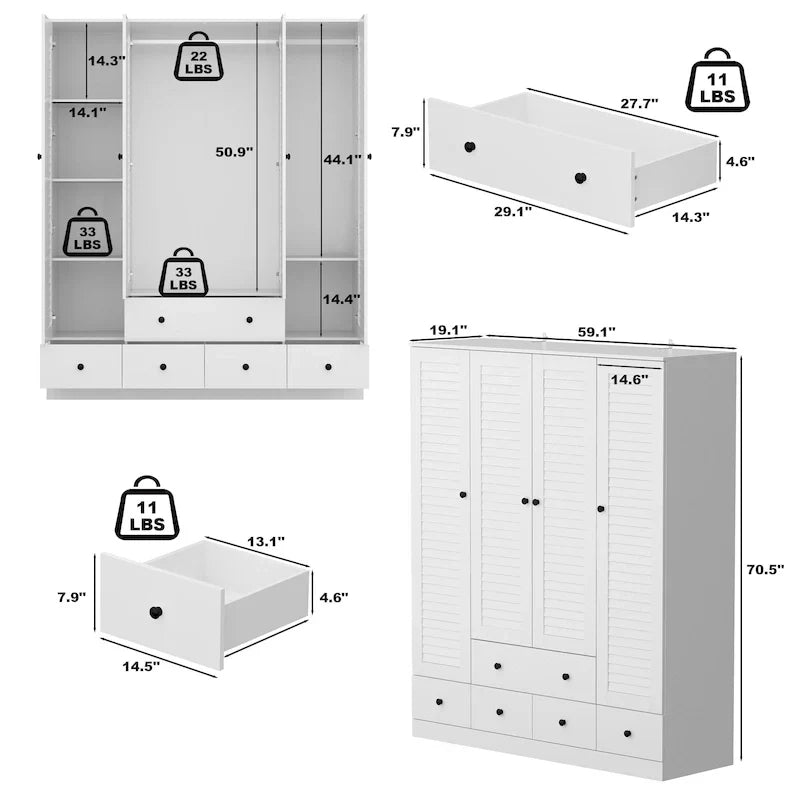 Wardrobe Armoire Closet 59W Large Freestanding Wardrobe Cabinet White – Image 44