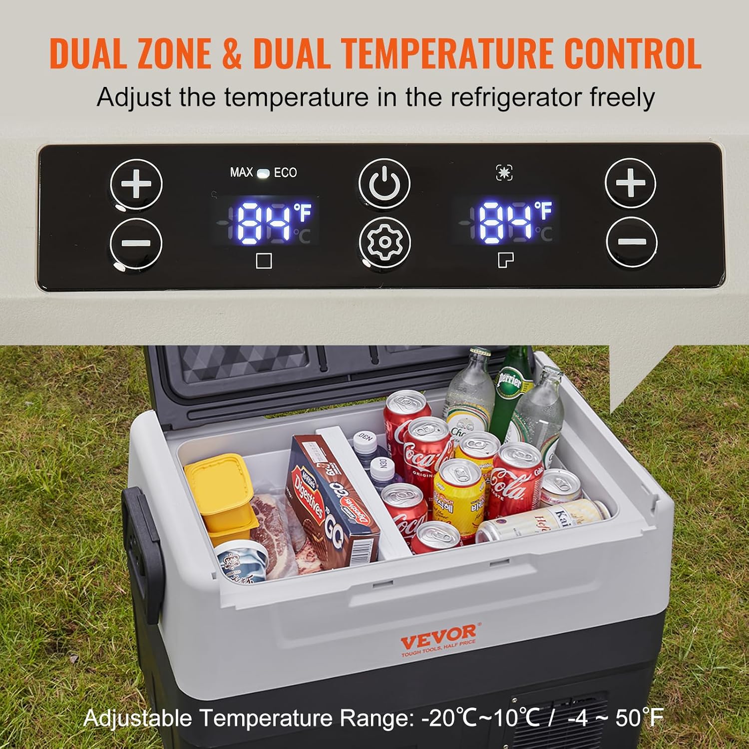 VEVOR Glacière Électrique Portable de 55 L Réfrigérateur de Voiture Portable 12/24 V CC 100-240 V CA Frigo Voiture Double Zone 0,6 kW.h -20 °C à 10 °C Réglable Congélateur pour Camion Bateau Camping – Image 3