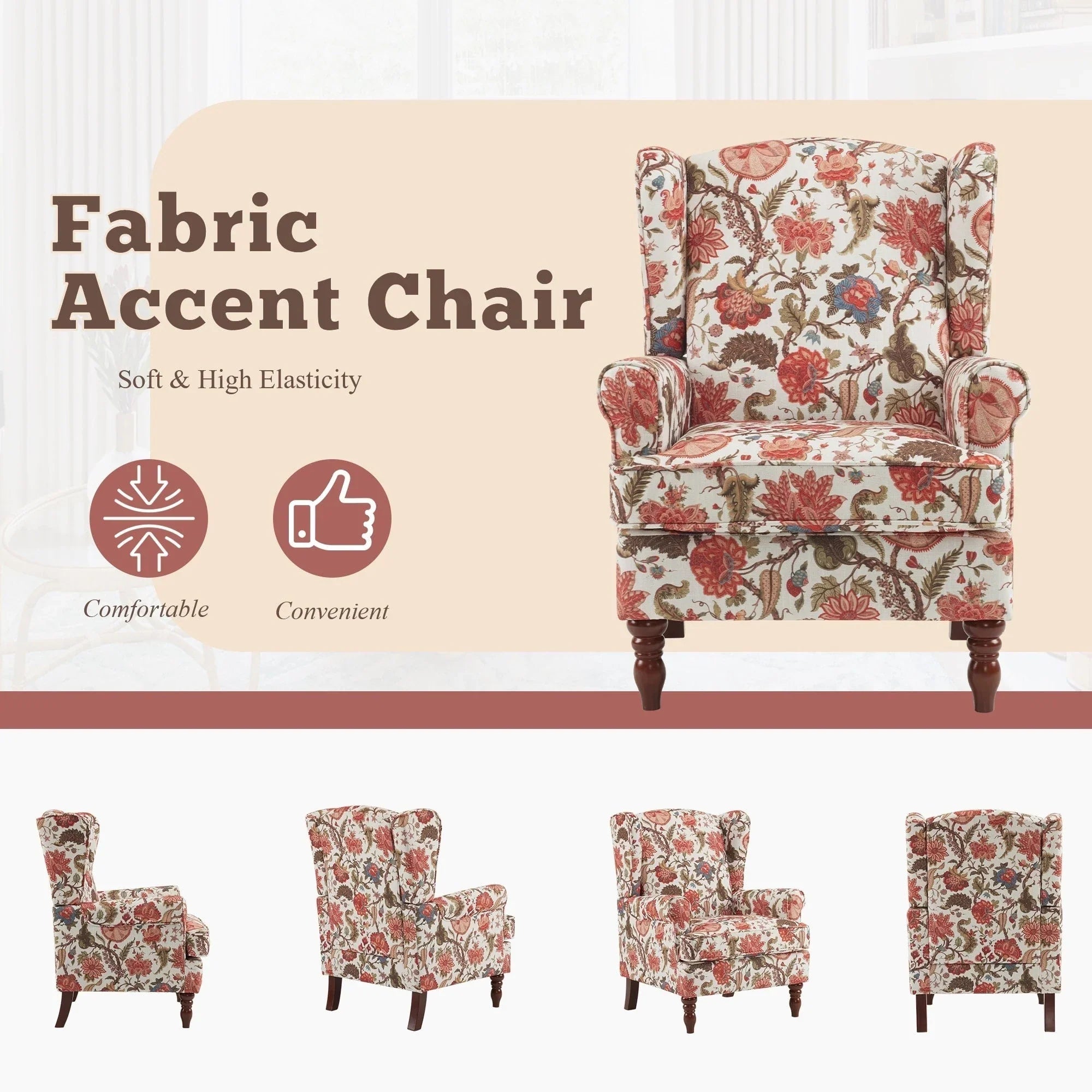 Erommy Modern Accent Chair, High Back Armchair, Upholstered Fabric Button Single Sofa with Wooden Legs for Living Room – Image 124