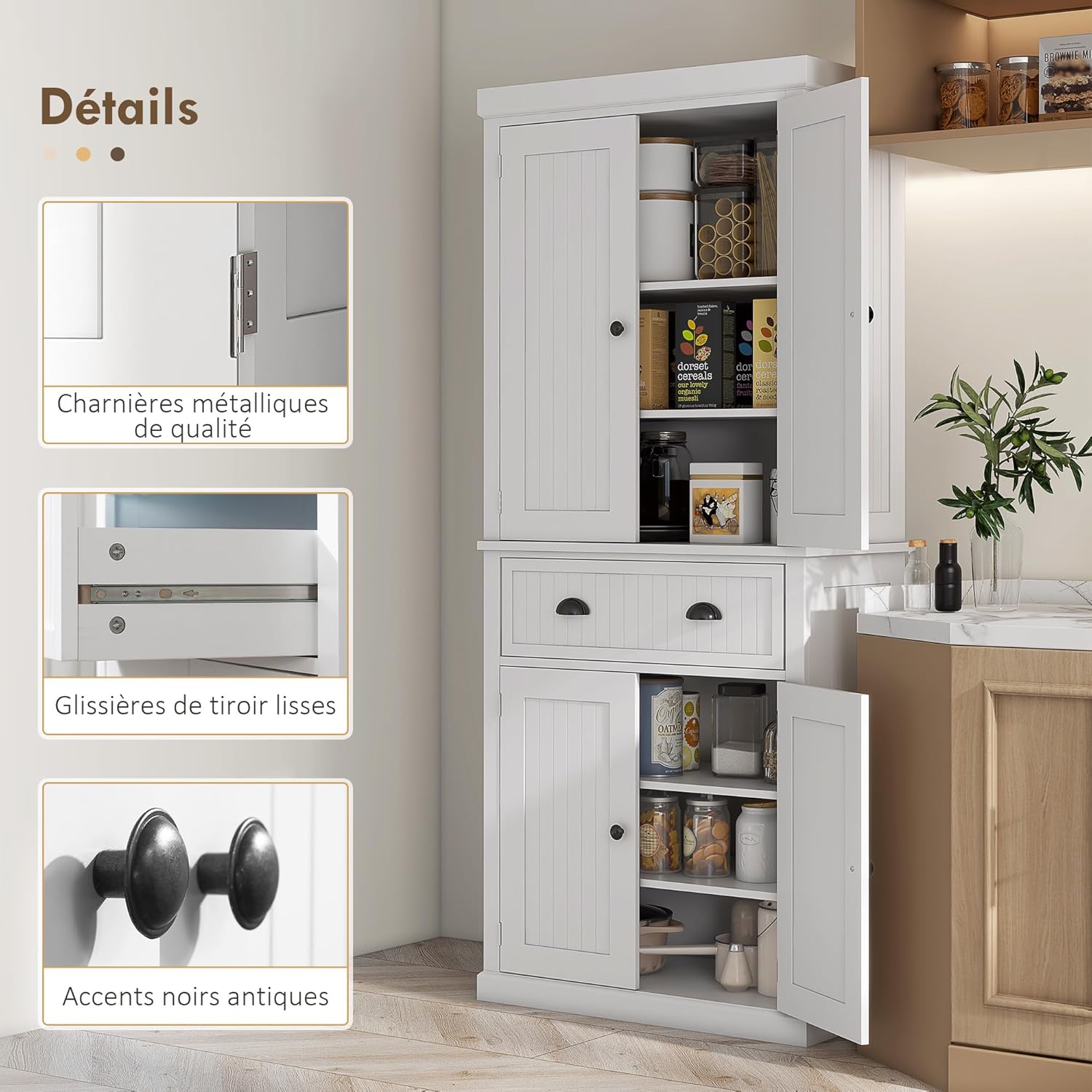 HOMCOM Armoire de Cuisine Buffet Cuisine Style Moderne vaisselier avec placards à Portes, étagères réglables et tiroir, Meuble de Rangement pour Salle à Manger, Salon, 76,2 x 40,2 x 183 cm, Blanc – Image 7