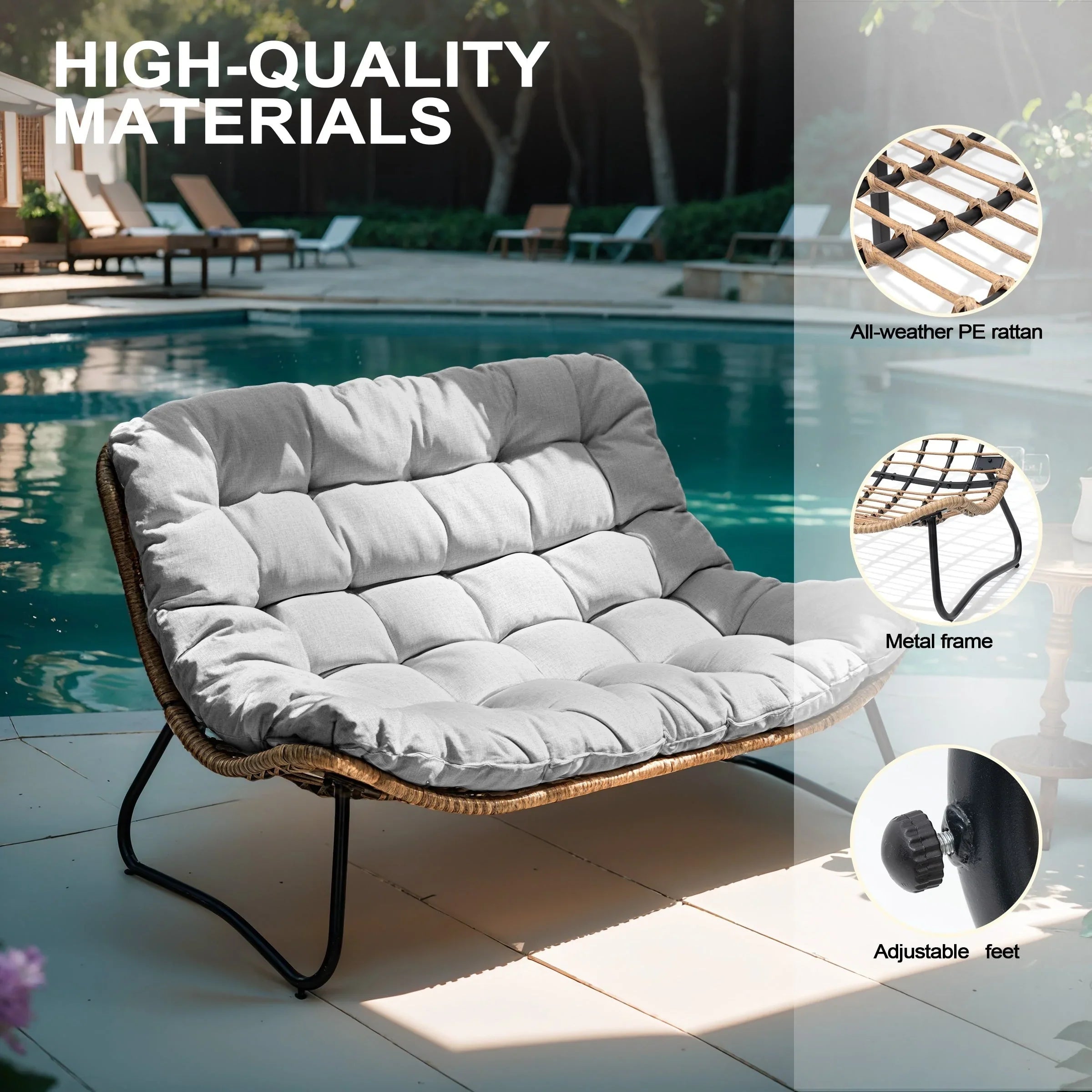 Double Papasan Chair Loveseat with Cushion, All-weather PE Rattan and Metal Frame for Indoor Outdoor – Image 39