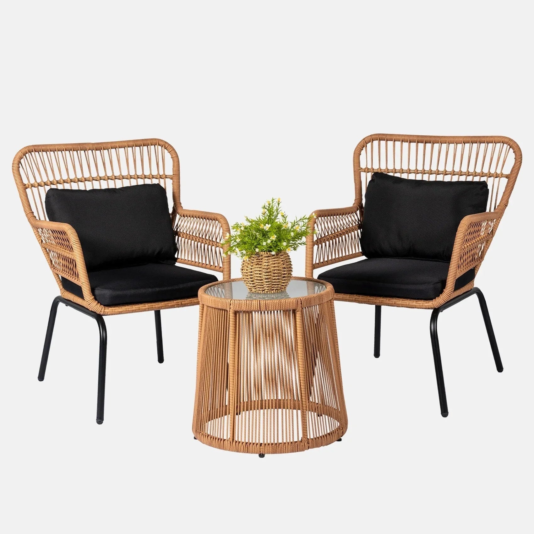 3 Piece Outdoor Wicker Conversation Bistro Set, All-Weather Rattan Furniture Patio Chairs Set with Cushions – Image 42
