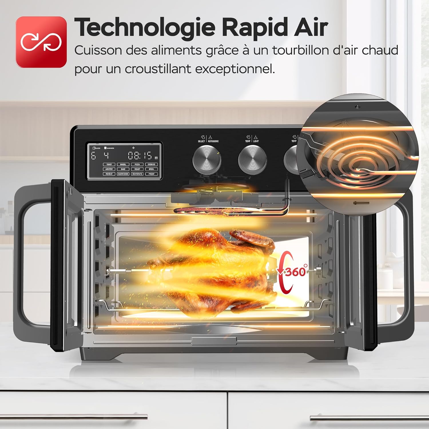 TurboTronic Mini four, four à air chaud 4 en 1 et friteuse à air chaud, version XXL 32 L, y compris tournebroche et de nombreux accessoires, plaque de cuisson, déshydrateur à partir de 25 °C & grill – Image 7
