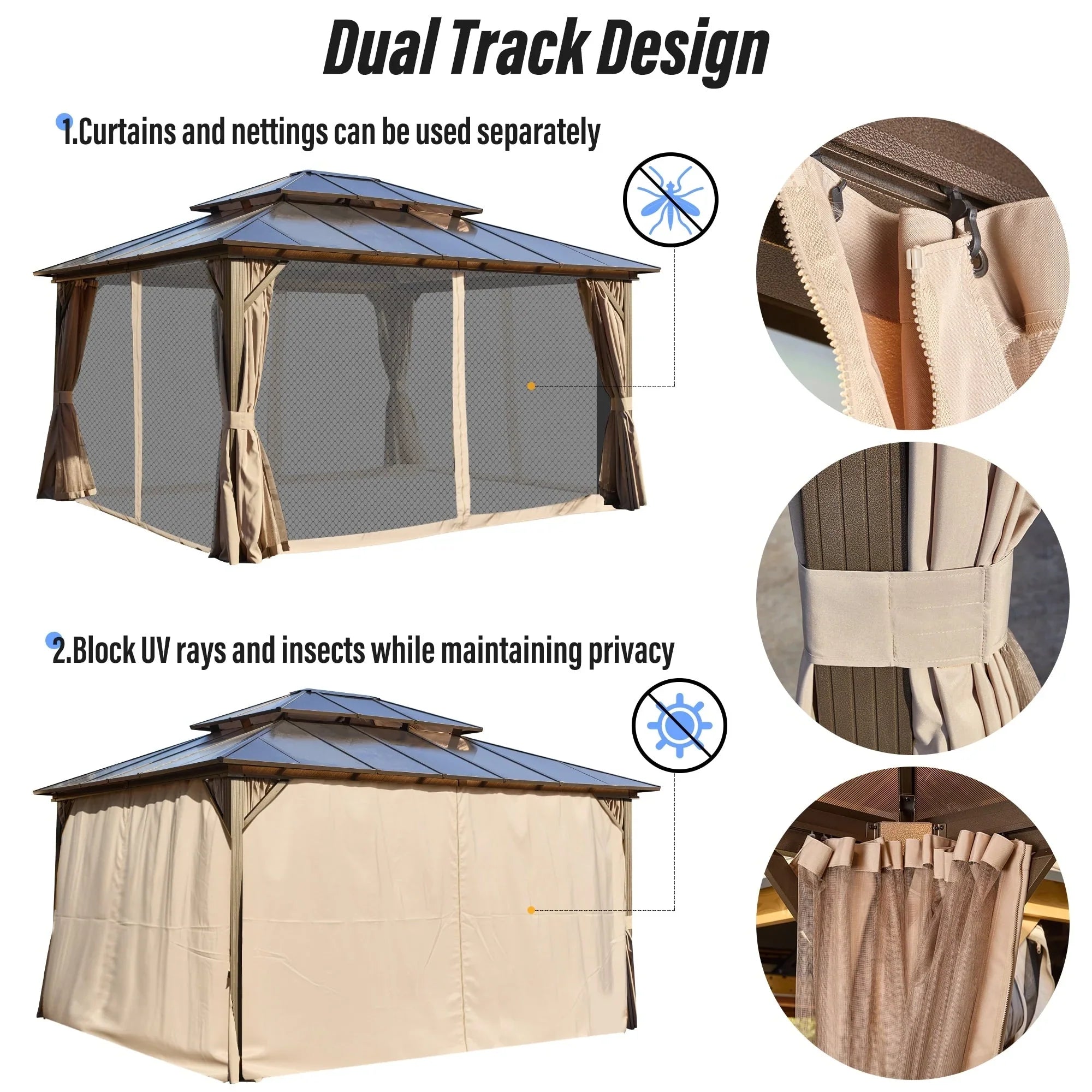 EROMMY Hardtop Gazebo,Outdoor Pergola with Double Roof & Netting & Curtains,Heavy Duty Canopy for Patio, Backyard, Pool party – Image 81