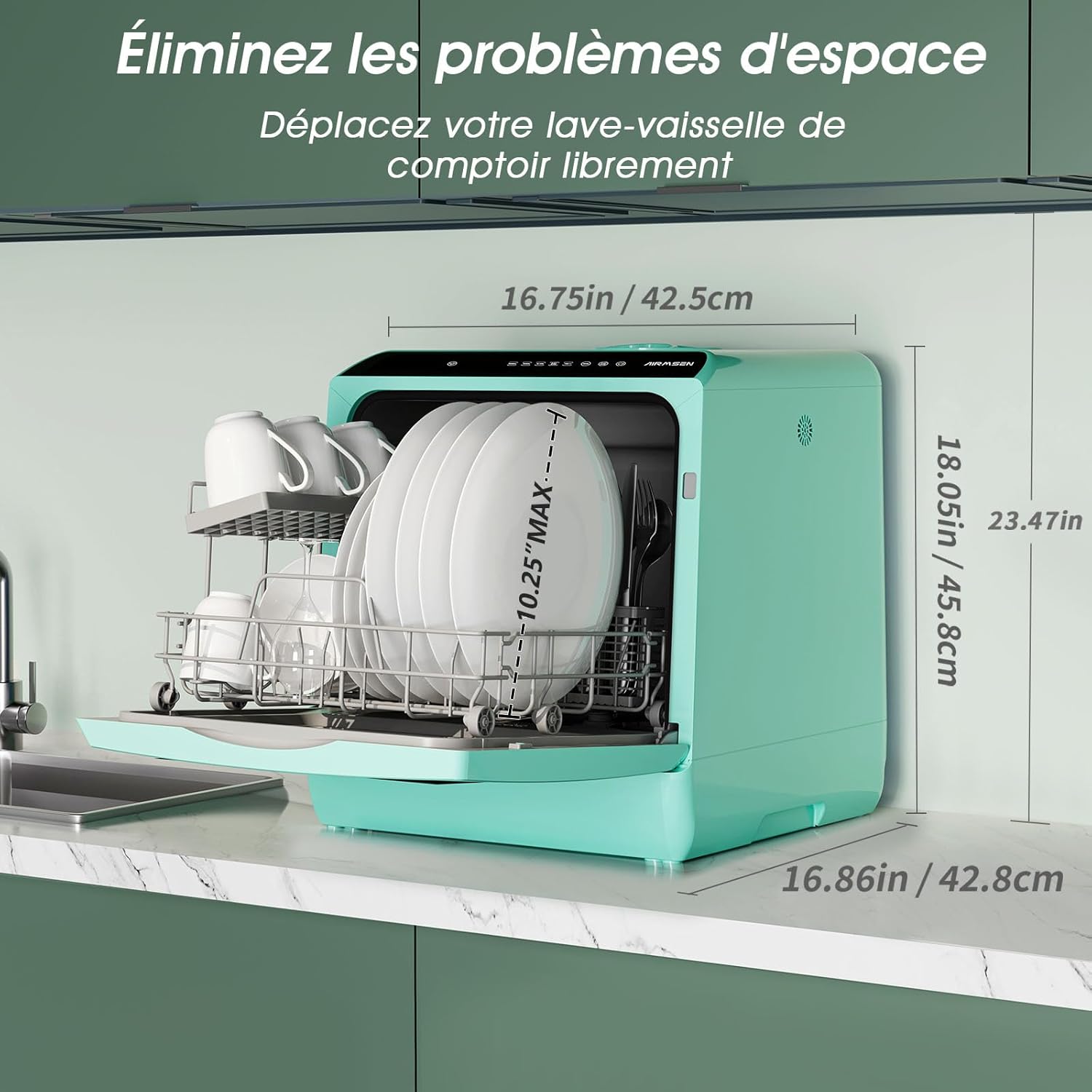 AIRMSEN Mini Lave-Vaisselle de Comptoir, 5+1 Programmes, Réservoir d'Eau de 5L, Contrôle Tactile et Écran LED, Adapté pour les Cuisines Familiales, Appartements et Dortoirs, Vert – Image 6