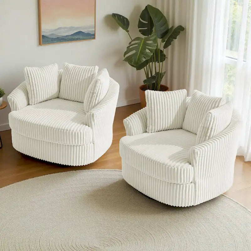 2 Set Oversized 43 W Plush Corduroy Swivel Barrel Chair with Pillows – Image 11