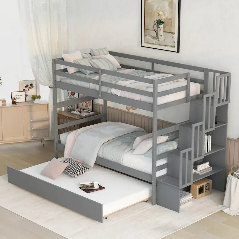 Twin over Twin Bunk Beds With Twin Trundle and Stairway Storage Function in Grey Color – Image 3
