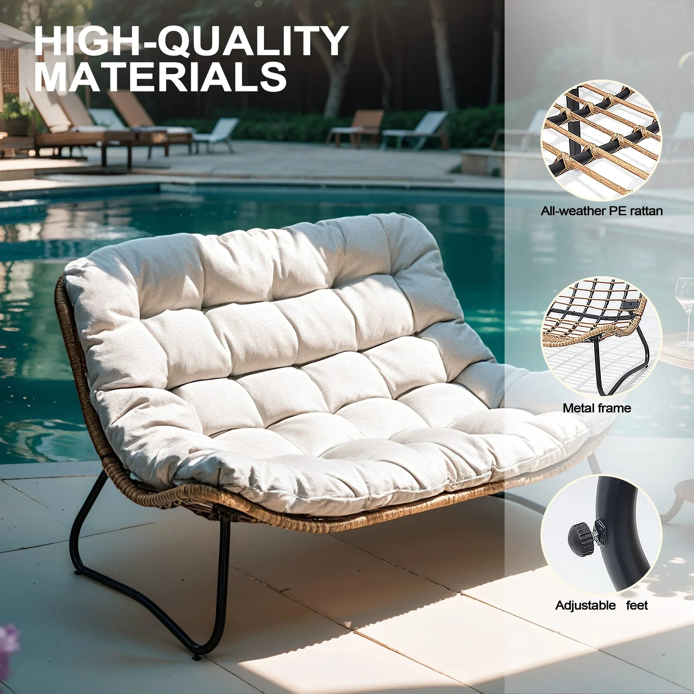 Double Papasan Chair Loveseat with Cushion, All-weather PE Rattan and Metal Frame for Indoor Outdoor – Image 27