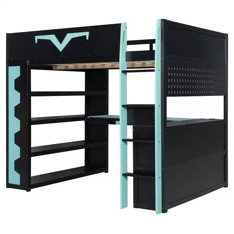 Luxystar Modern Gaming Full Loft Bed With Lighted Desk And Keyboard Tray, Pegboard, Storage Bookcase – Image 17