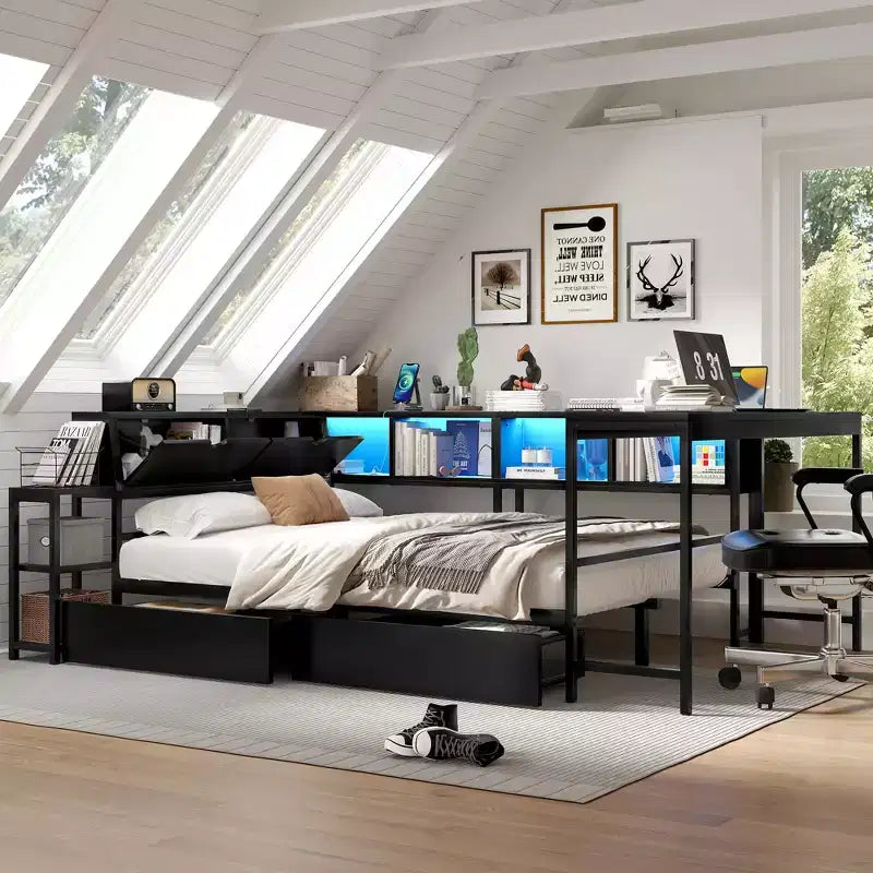 GDFStudio Curme Modern Corner Bed with Bookcase and 2 Underbed Storage Drawers – Image 4