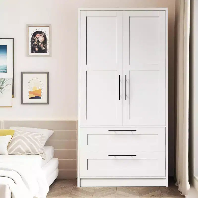 2-Door Wooden Wardrobe with 2 Drawers and Shelf for Hanging Clothes, Freestanding Bedroom Storage Cabinet for Bedroom Living Room – Image 6