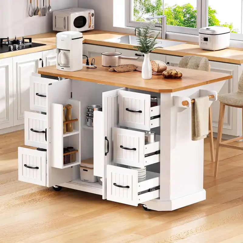 Expandable Drop-Leaf Kitchen Island, Kitchen Cart on 4 Wheels with Power Outlet, Moveable Island Table with 2 Door & 6 Drawers – Image 23
