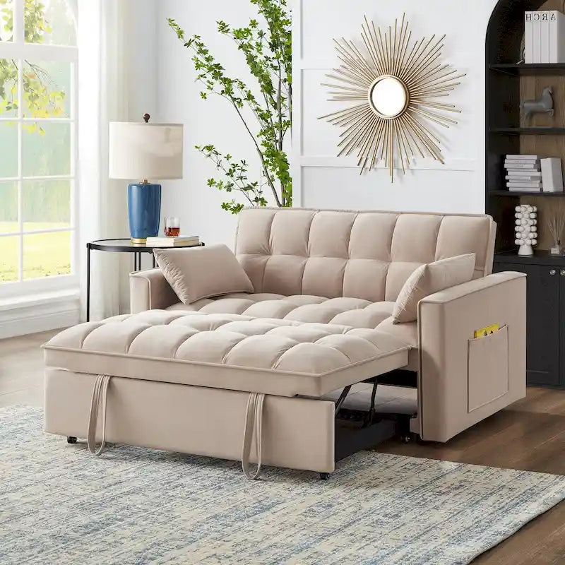 4 in1 Loveseat Sofa Bed with Armrests & Storage Pockets, Multi-Function Tufted Pull-out Sofa Bed with Adjustable Backrest – Image 3