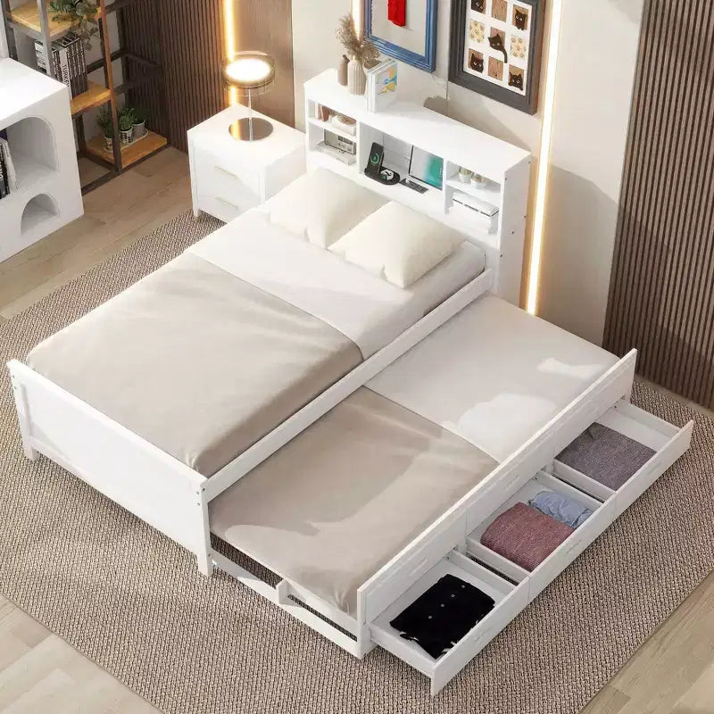 Platform Bed with Trundle and Drawers, Storage Platform Bed with USB, Wood Platform Bed with Bookcase – Image 26