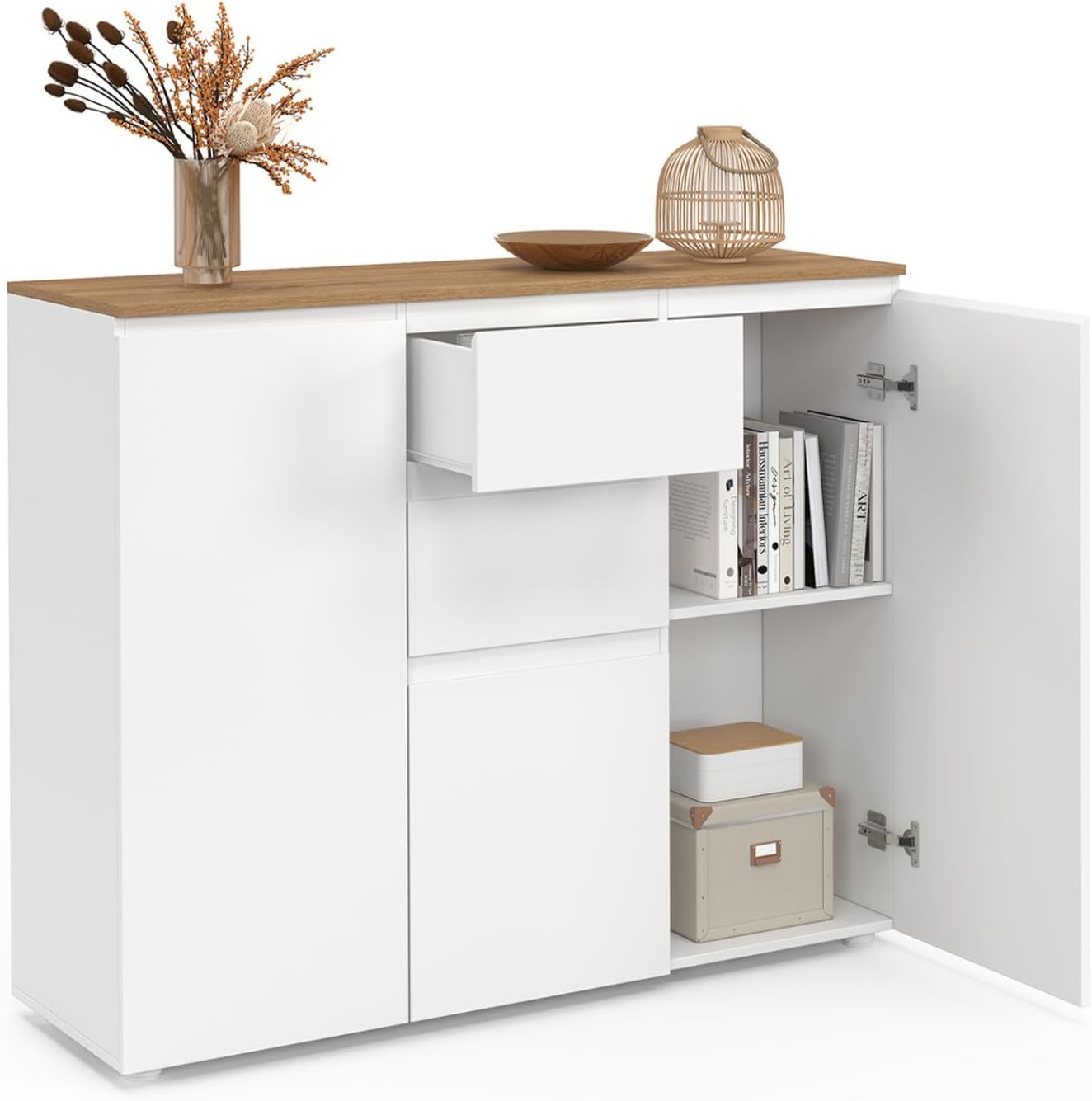 IDMarket - Buffet 100 cm Toby 3 Portes 2 tiroirs Blanc et Plateau Bois – Image 4
