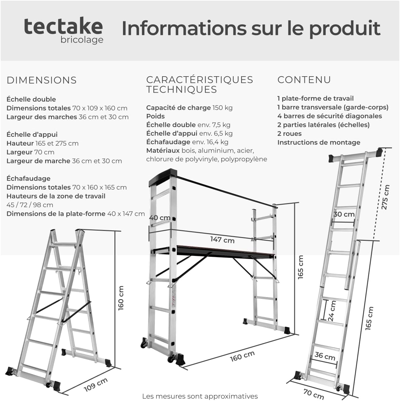tectake® Échelle Multifonction 3 en 1 Échafaudage Roulant en Acier Plateforme de Travail Antidérapante Échelle Téléscopique Échelle Pliante Escabeau Pliant Bricolage Peinture Toiture – Image 4