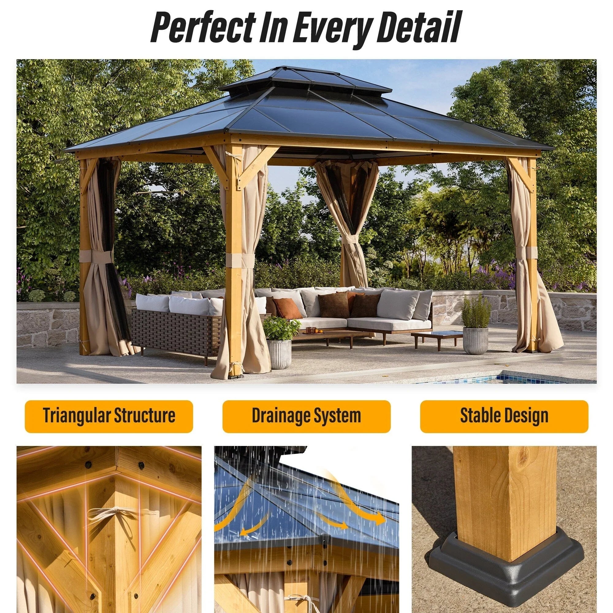 EROMMY Hardtop Gazebo,Outdoor Pergola with Double Roof & Netting & Curtains,Heavy Duty Canopy for Patio, Backyard, Pool party – Image 38