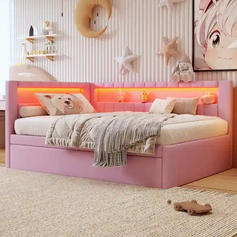 Upholstered Platform Bed with USB Ports & LED Lighting - Full/Twin Size Bed Frame with 2 Storage Drawers - Modern Bedroom – Image 13