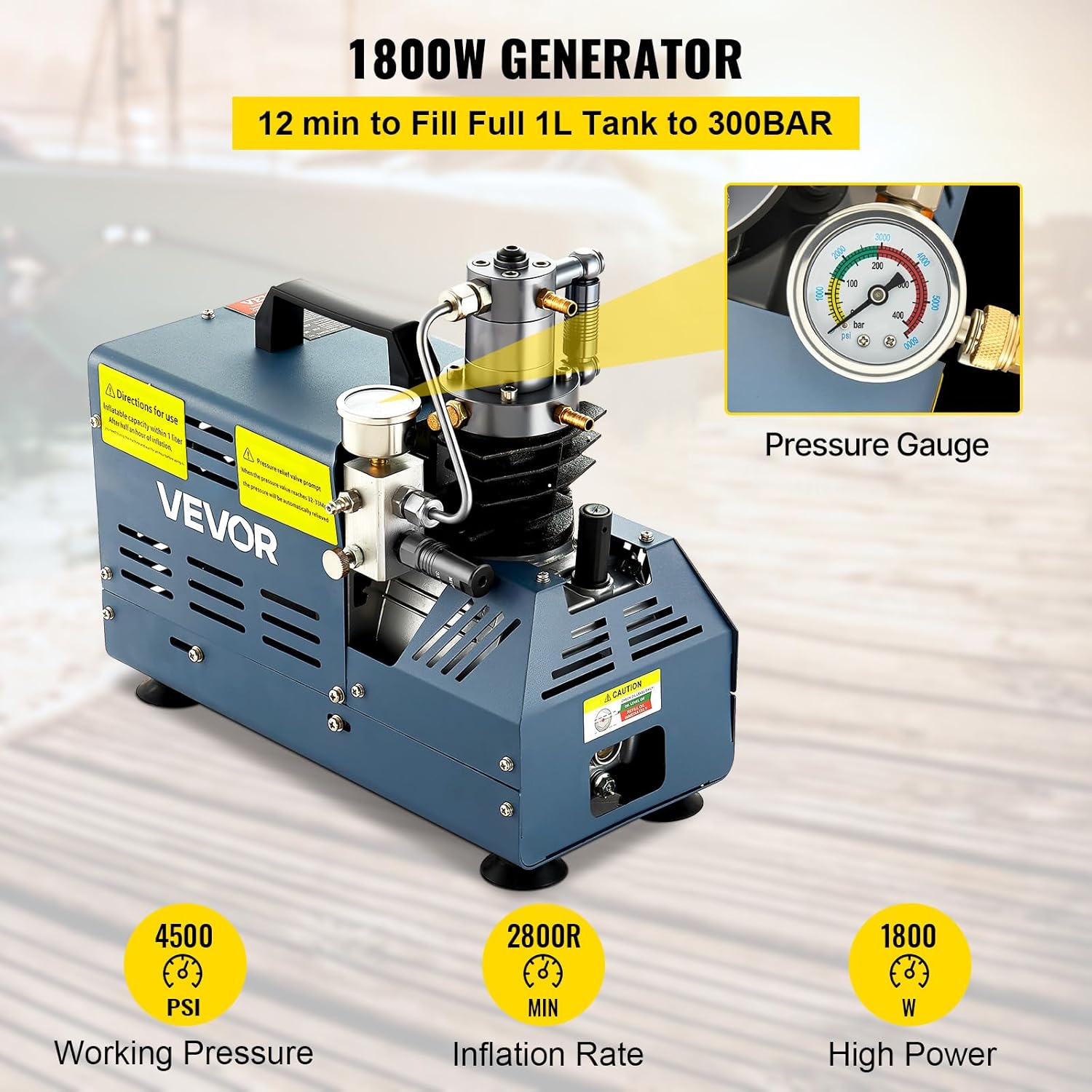 VEVOR Compresseur Haute Pression 300BAR 30MPA 4500PSI Compresseur Air PCP 1800W Compresseur Arrêt Automatique Refroidissement par Eau 40-50 L/min 2800 tr/min pour Bouteille Plongée Réservoir Paintball – Image 2