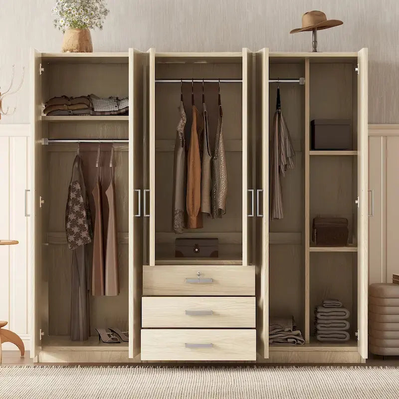 6-Doors Wooden Wardrobe Storage with 3 Big Drawers for Bedroom – Image 2