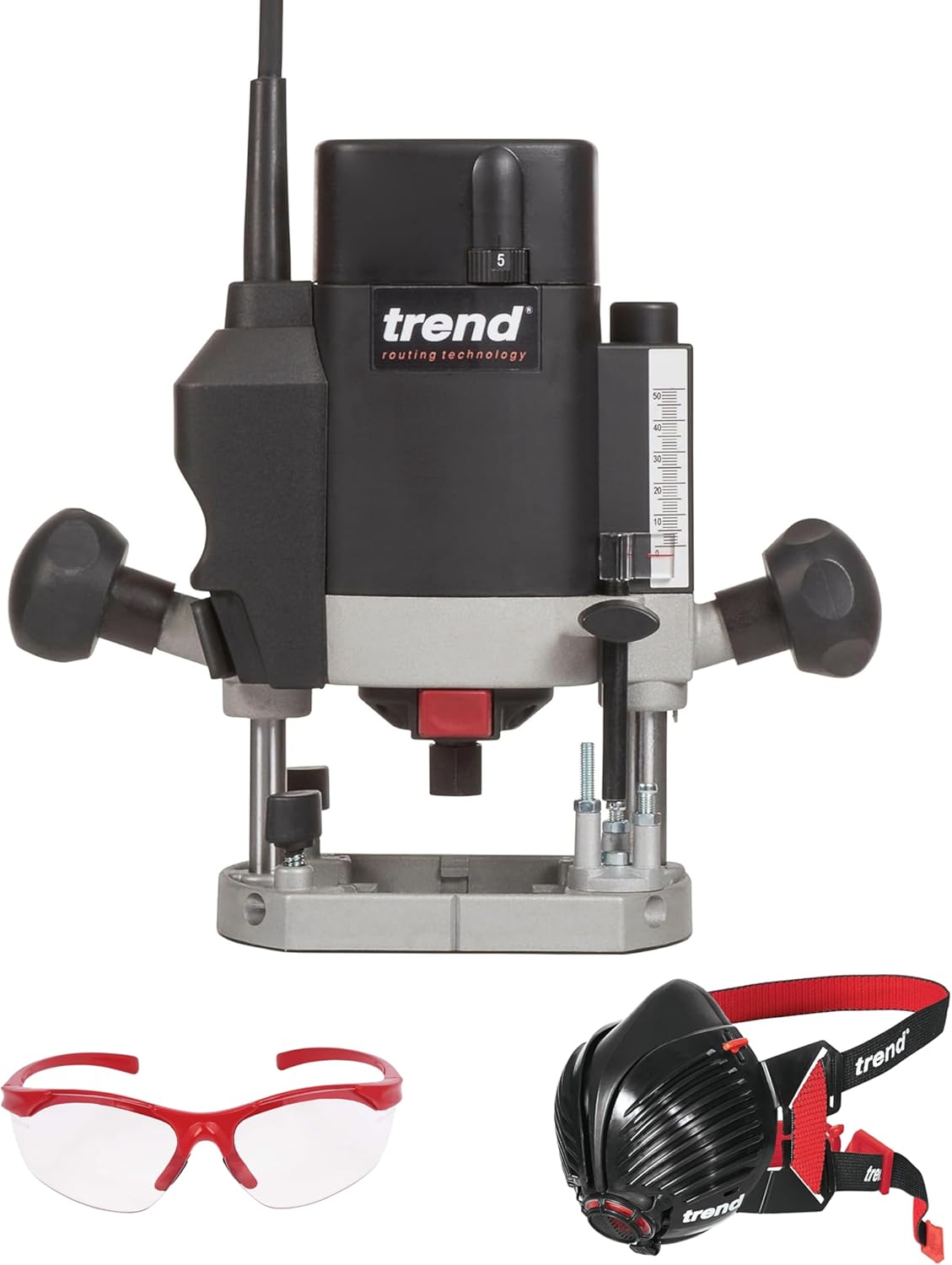 Trend T5 Ensemble Défonceuse et Sécurité, T5EK/MK2/EU Défonceuse à Plongée à Vitesse Variable 1000W, 8mm, 230V , Masque Anti-Poussière et Lunettes de Sécurité, T5/SAFE/SET/E