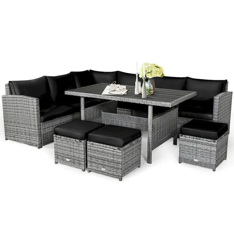 7 Pcs All-Weather Patio Rattan Dining Furniture Sectional Sofa Set with Wicker Ottoman and Cushed Couch – Image 3