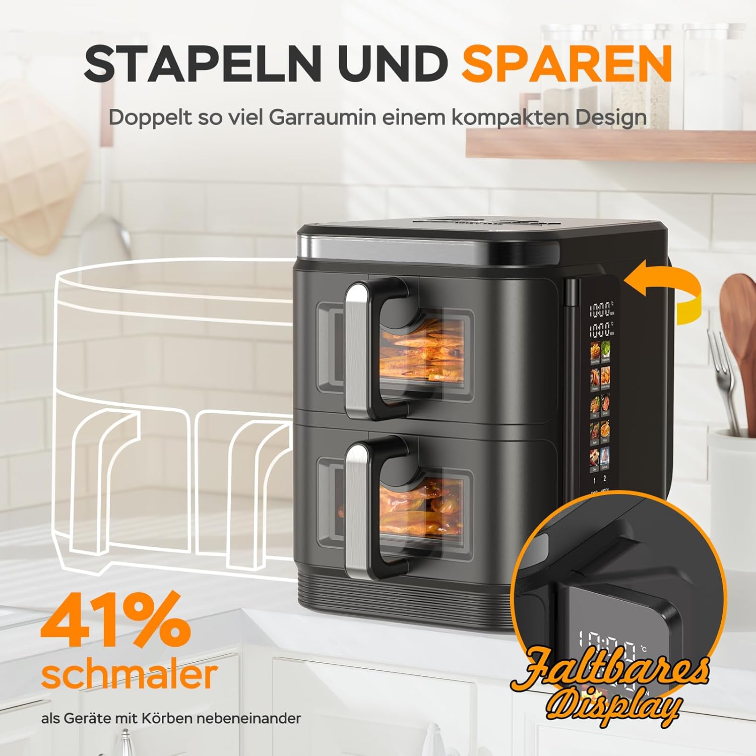 COBNN Friteuse à air verticale double compartiment, 11L Dual Zone Airfryer avec écran couleur pliable, 10 programmes, fenêtre de visualisation, matériau ignifuge V0, 2800W – Image 5