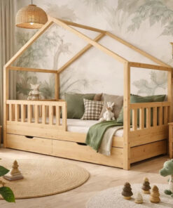 Lit Cabane Enfant en Bois 90x190 cm avec Tiroirs – Design Scandinave en Pin