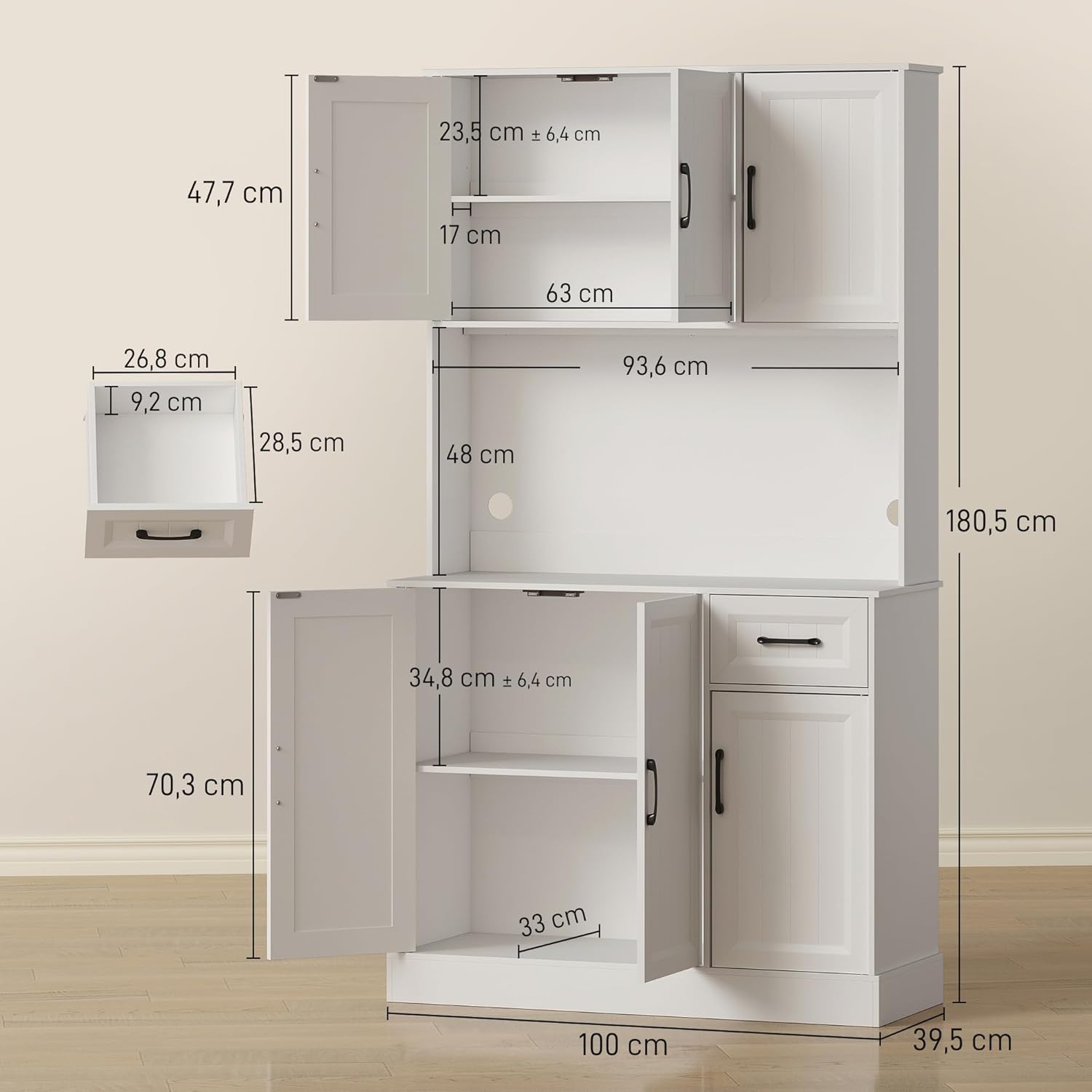 HOMCOM Armoire de cuisine, armoire buffet avec plan de travail, étagères réglables, 6 portes, tiroir, haute garde-manger avec trou de câble, pour cuisine salon salle à manger 100 x 39,5 x – Image 3