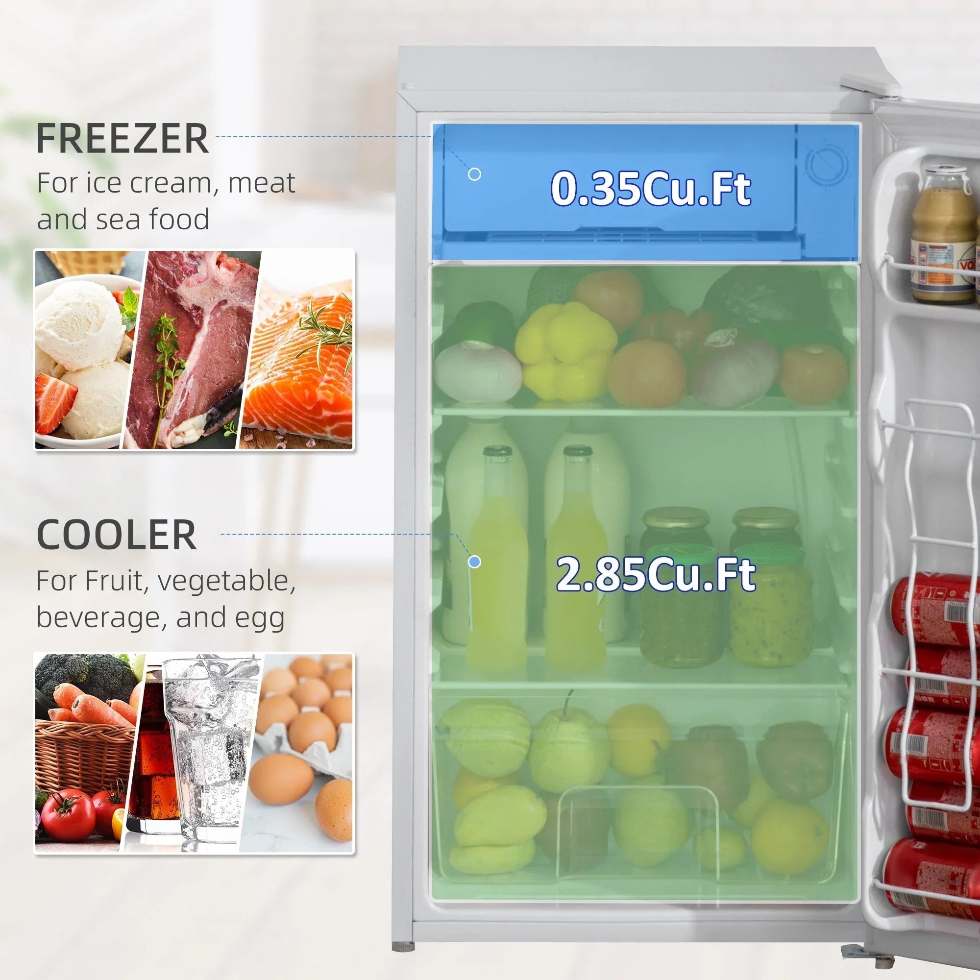 HOMCOM 3.2 Cu.Ft Mini Fridge with Freezer, Single Door Compact Refrigerator with Adjustable Thermostat for Bedroom – Image 7