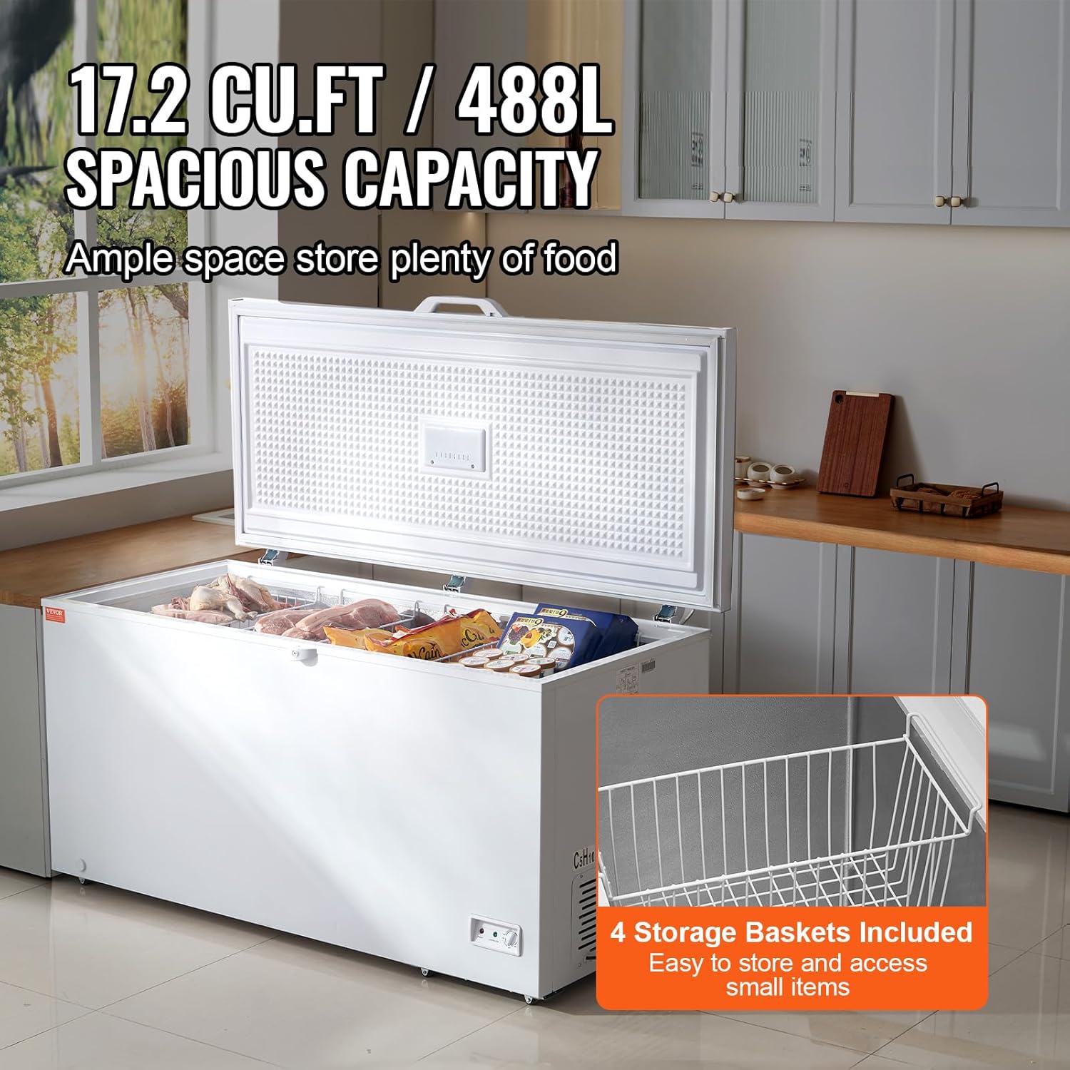 VEVOR Congélateur Coffre 488 L, Grand Surgélateur Autoportant avec 4 Paniers Amovibles, Porte Ouverte sur le Dessus avec Couvercle Verrouillable, Température Réglable sur 7 Niveaux, Éclairage LED – Image 2