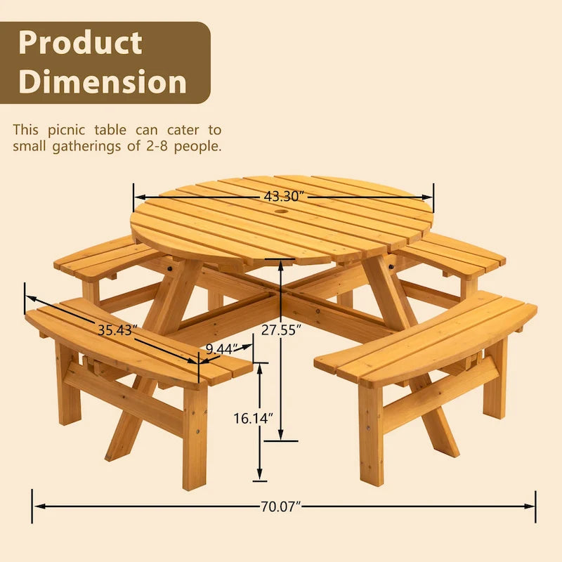 8-Person Outdoor Patio Fir Wood Round Picnic Dining Set with 4 Built-in Benches and Umbrella Hole – Image 16