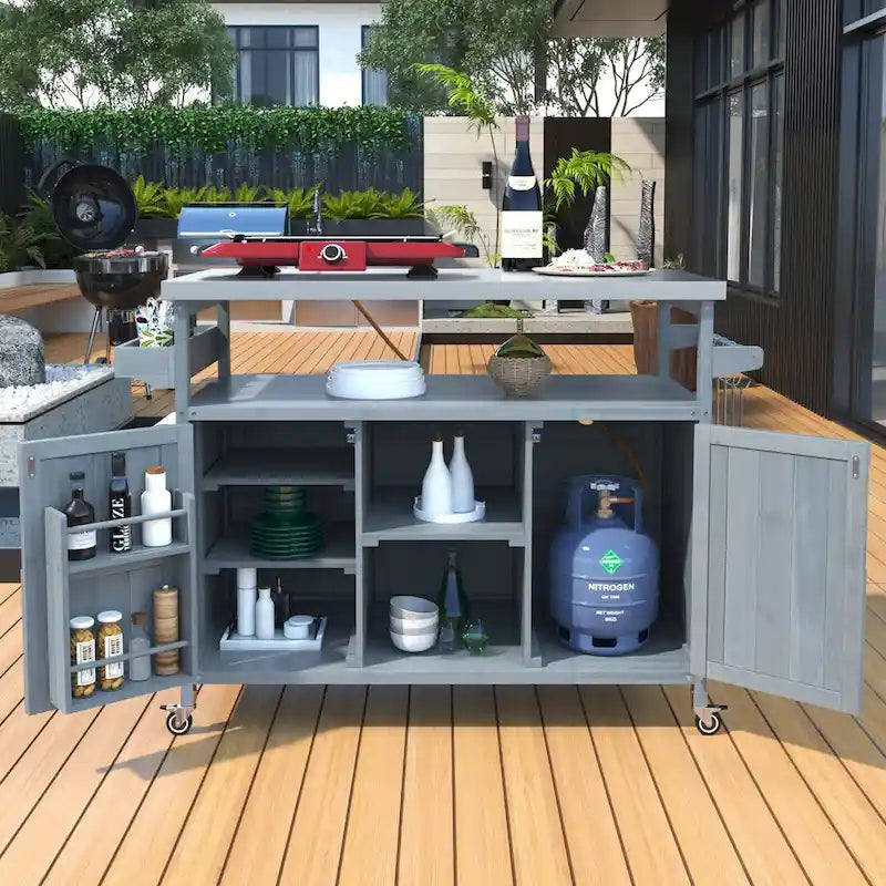 Outdoor Kitchen Island, Rolling Bar Cart & Storage Cabinet,Solid Wood Grill Table with Stainless Steel Top,Spice Rack,Towel Rack – Image 13