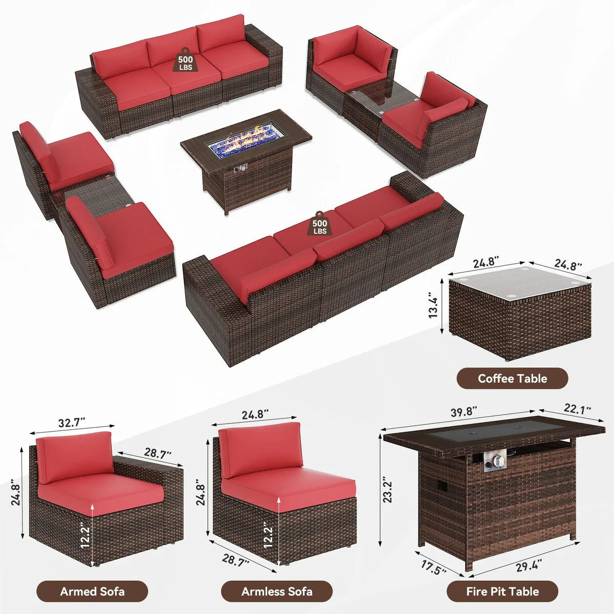 13 Pieces Patio Furniture Set with 44Fire Pit Table – Image 12