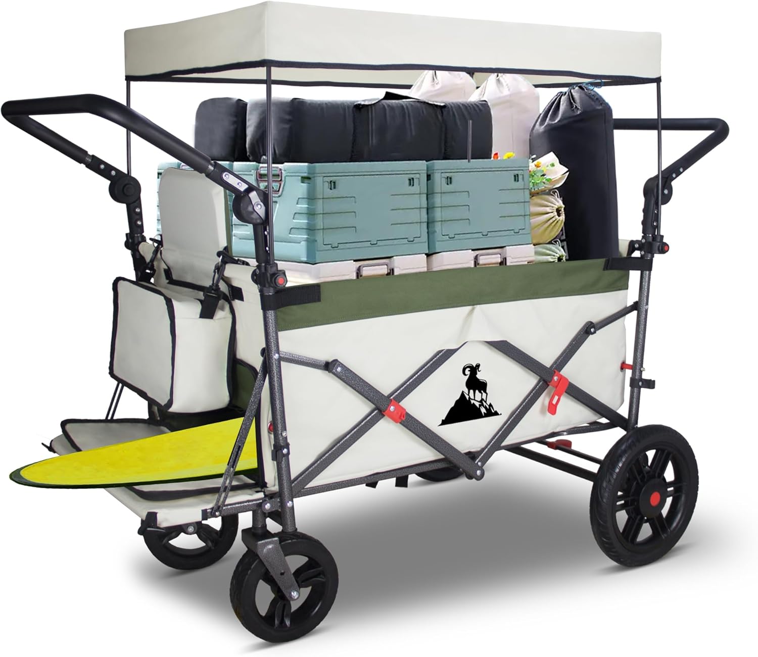 TOPWELL Chariot de transport pliable de 180 l jusqu'à 120 kg avec 2 sièges pliables/toit/frein, chariot de transport pliable avec roues en polyuréthane vert/beige