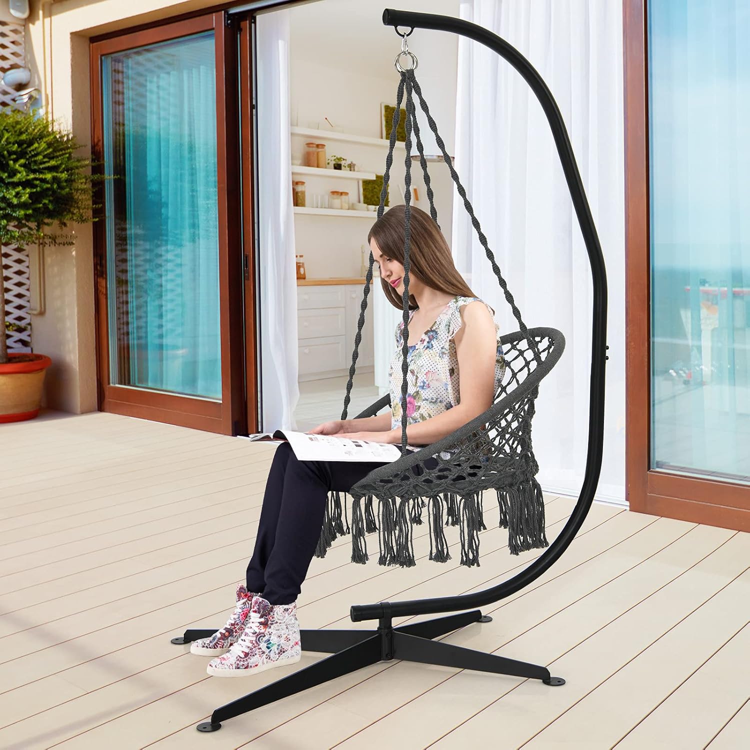 GIANTEX Support Fauteuil Suspendue Structure Métallique Robuste, pour Fauteuil Hamac Suspendu d'Intérieur et d'Extérieur/Balançoire Nid d'Oiseau, Charge de 150 kg, 111 x 84 x 207 cm, Noir – Image 16