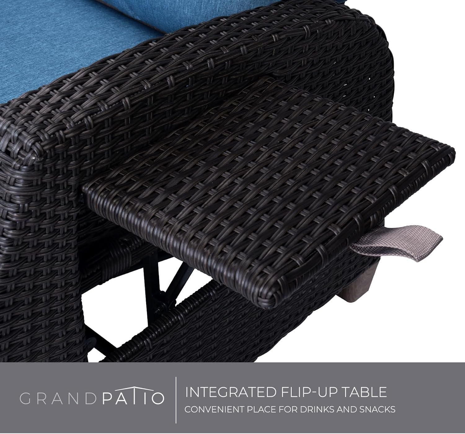 Grand patio Chaise longue inclinable à position réglable avec table rabattable et coussin pour jardin, cour, terrasse, extérieur – Coussin bleu paon et osier marron – Image 7
