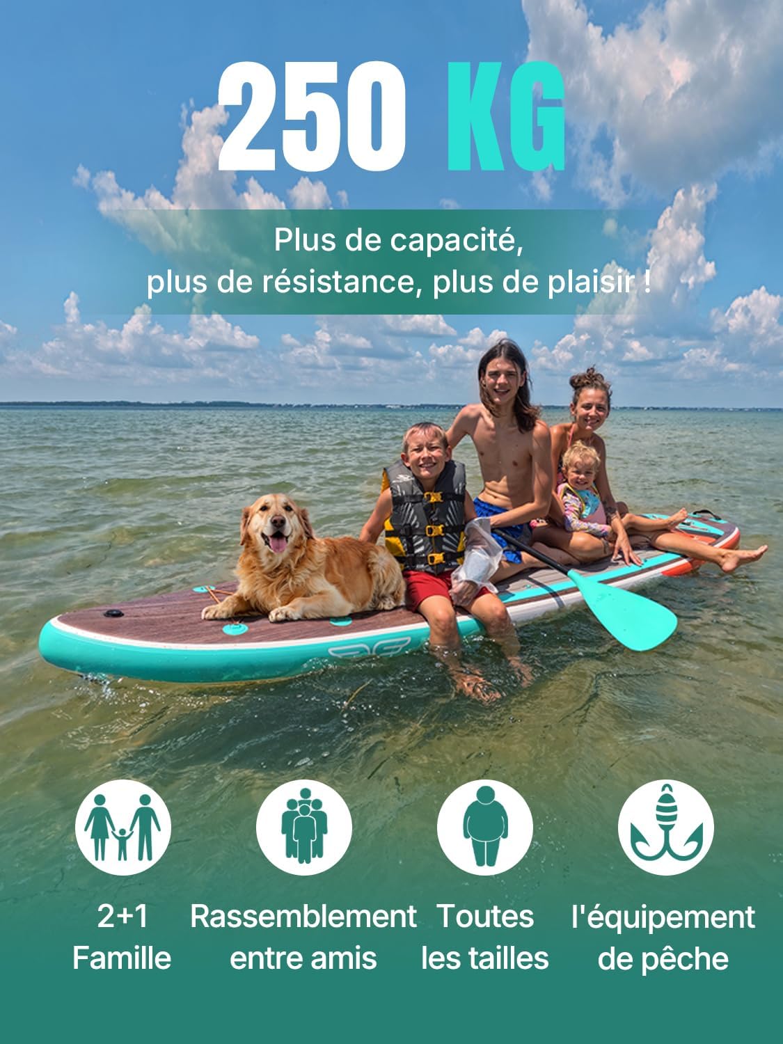 Niphean Extra Large Paddle Gonflable, Sup à 2+1 Personnes/Famille, Planches de Stand Up Paddle Gonflables avec Idéal Débutant Aileron Équilibré, Housse Étanche, Paddle Gonflable Adulte, Cadeaux – Image 3