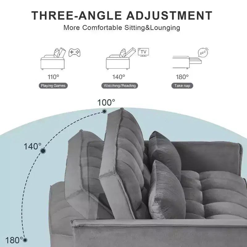 Cement Gray 3 in 1 Velvet Convertible Sleeper Sofa Bed with Pillows and Pockets, Modern Pull Out Couch Bed, Adjustable Backrest – Image 17
