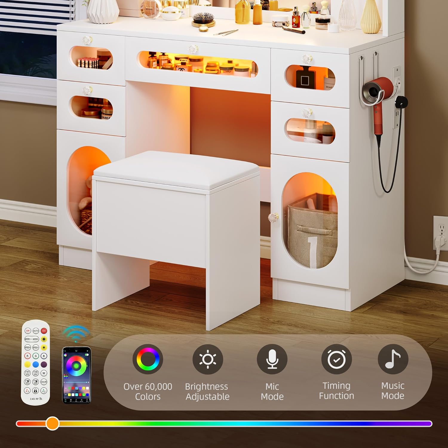 YITAHOME Grande Coiffeuse avec Miroir LED et Prises 3 Couleurs Luminosité Réglable, Blanche Bureau Coiffeuse avec Tabouret 5 Tiroir et 2 Armoire 4 Étagères Rangement, RGB Moderne Couffeuse – Image 6