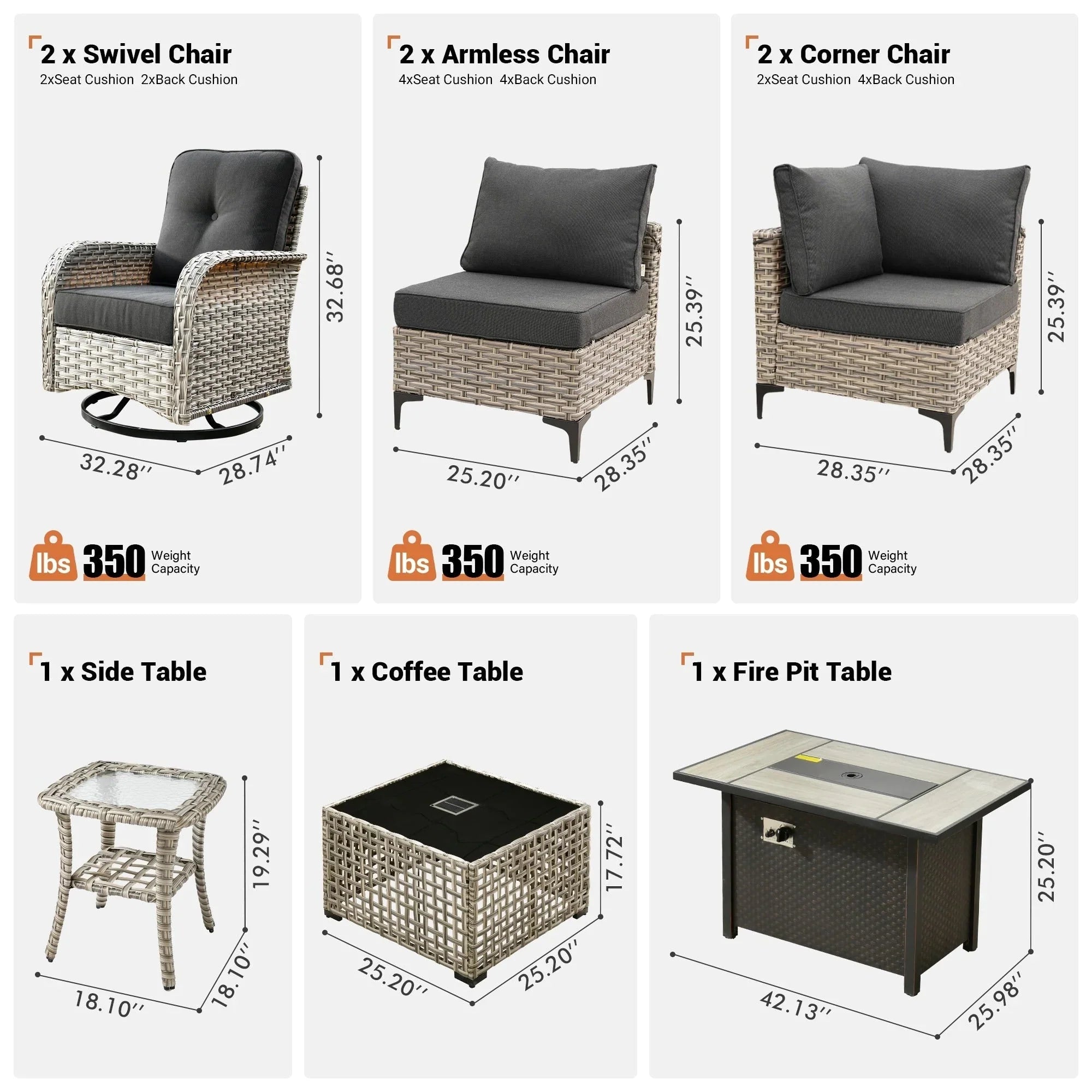 OVIOS 9 Pieces Outdoor Wicker Swivel Chair Set With Fire Table – Image 50