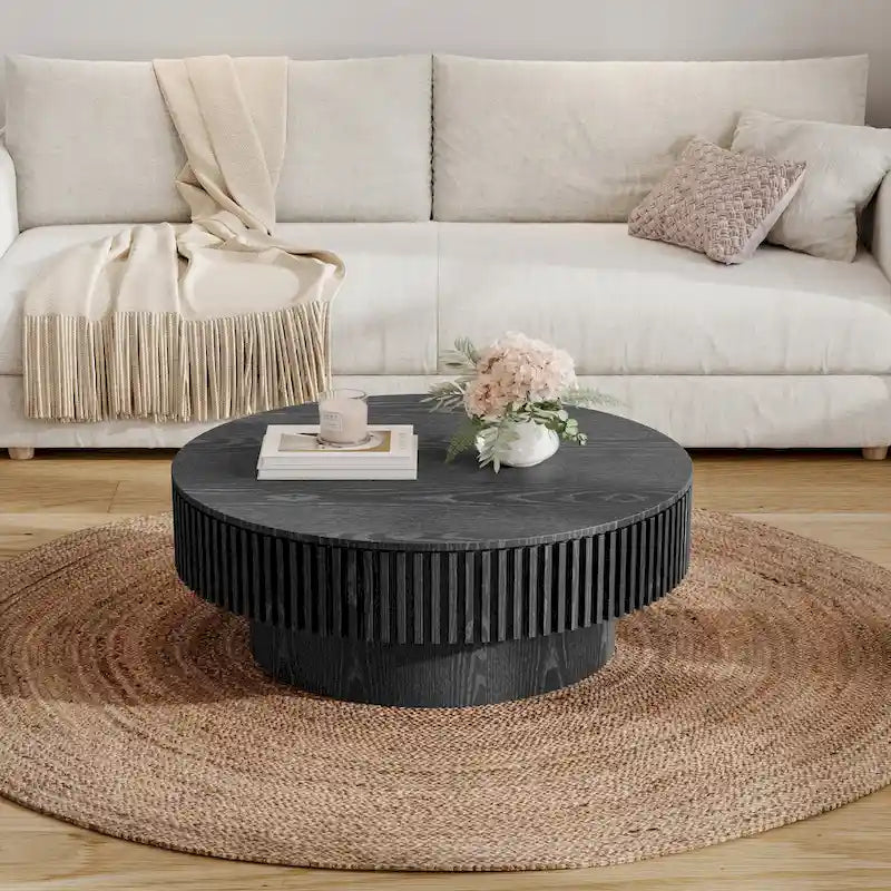 Modern Solid Wood Veneered Round Coffee Tea Table with Storage – Image 23