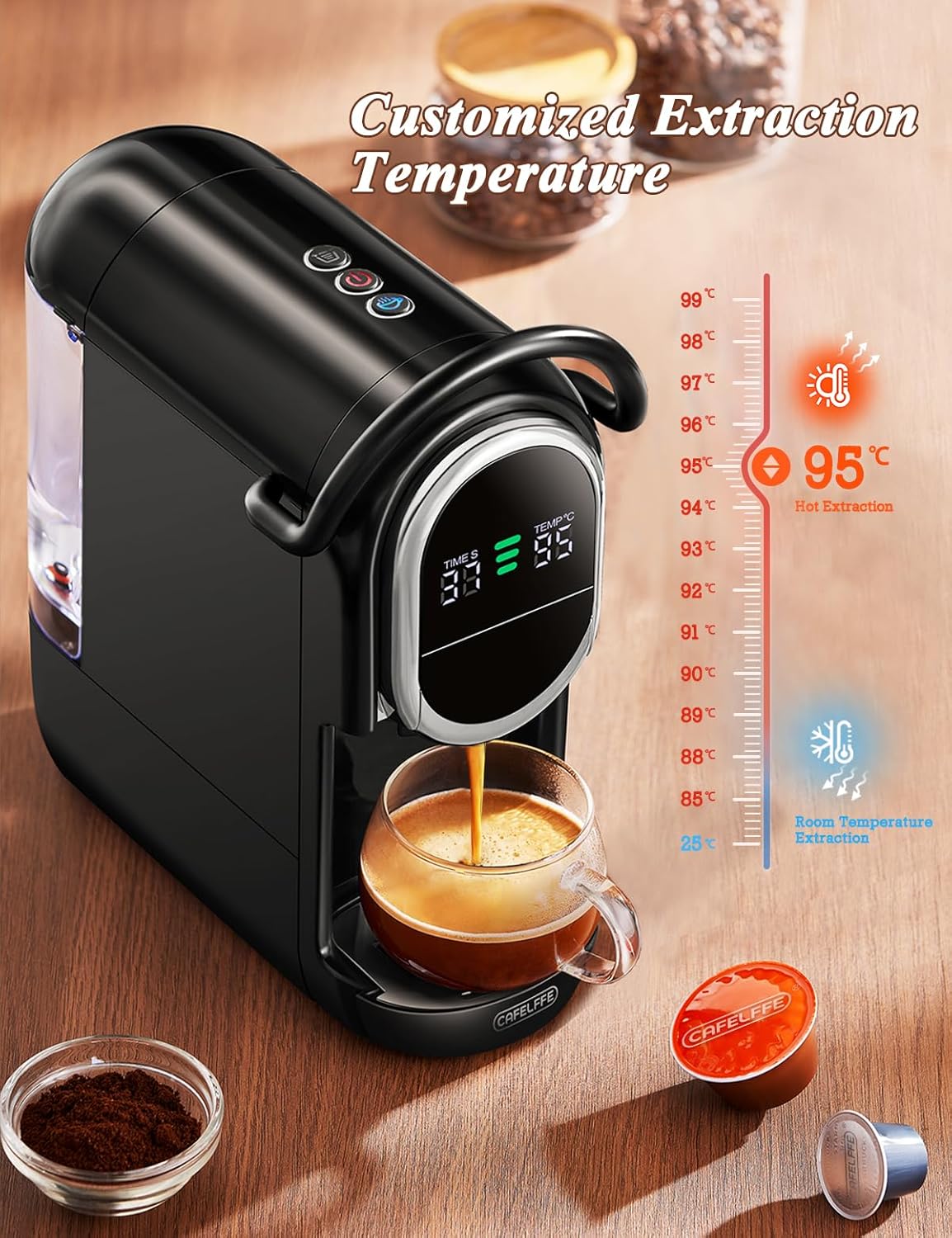 Cafelffe Machine à café automatique, cafetière à capsules 4 en 1 avec température réglable et 7 temps d'infusion préréglés, machine à expresso 19 bars pour NES/DG/ESE/café moulu, noir – Image 2