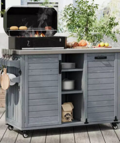 FAMYYT 78.3-Inch Outdoor Kitchen Island with Stainless Steel Countertop, Foldable BBQ Station, and Storage Cabinets, Grey Blue