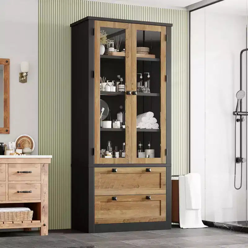 Farmhouse Kitchen Pantry Cabinet with Glass Doors, 72in Storage Cupboard with Drawers and Adjustable Shelves for Dining Room Bathroom Living Room – Image 10